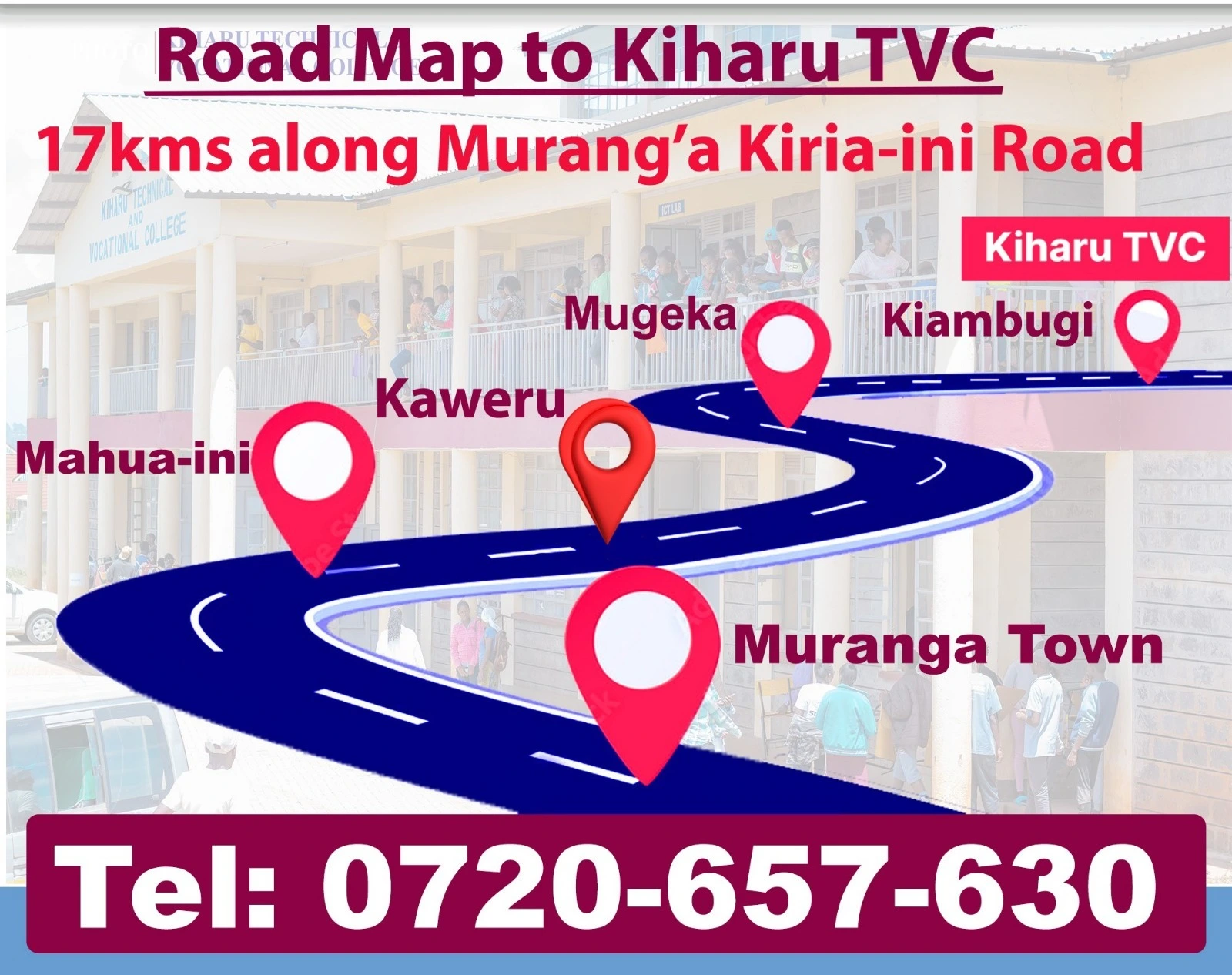 Road map to Kiharu Technical & Vocational College — 17km along Murang'a–Kiria-ini Road via Mahua-ini, Kaweru, Mugeka and Kiambugi